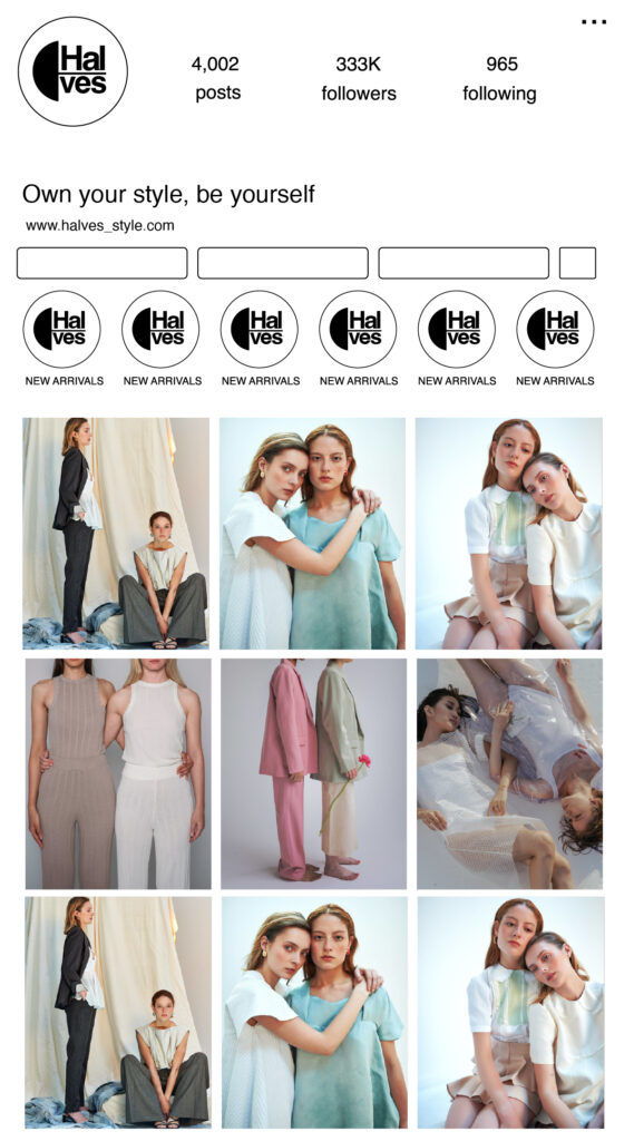 A mockup of a social media platform layout for the halves fashion brand that displays different images on a grid to present a mood board for the company's social media page.
