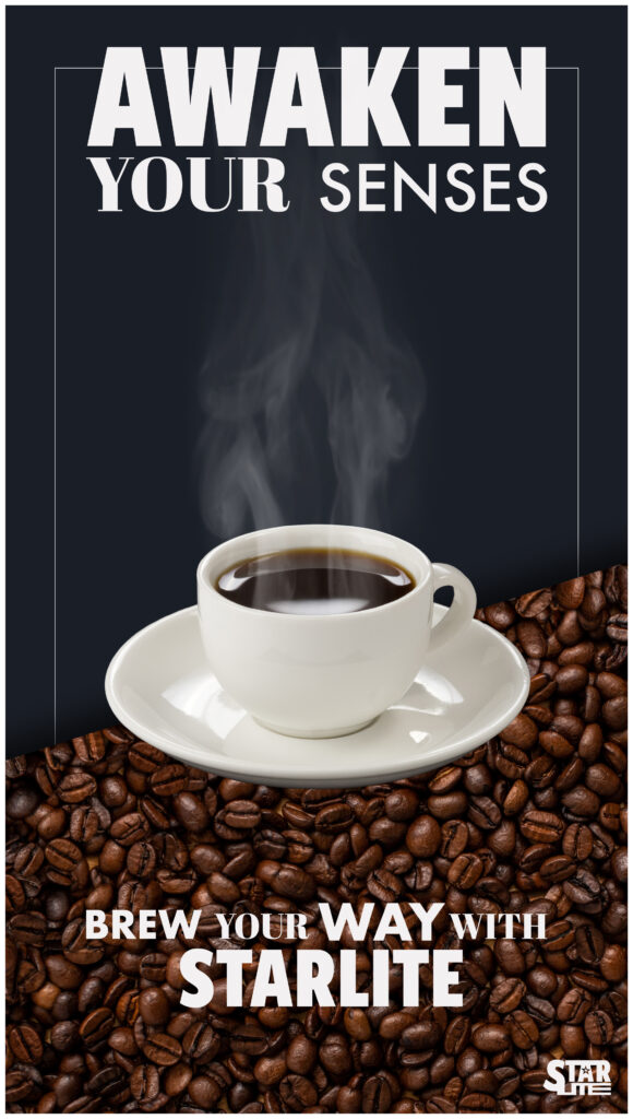 A social media post for Starlite coffee. It features a coffee cup on a saucer with steam coming out of it with the words Awaken your senses.