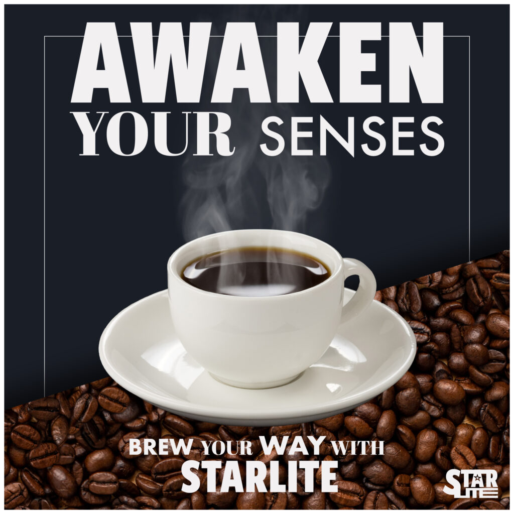 A social media post for Starlite coffee. It features a coffee cup on a saucer with steam coming out of it with the words Awaken your senses.