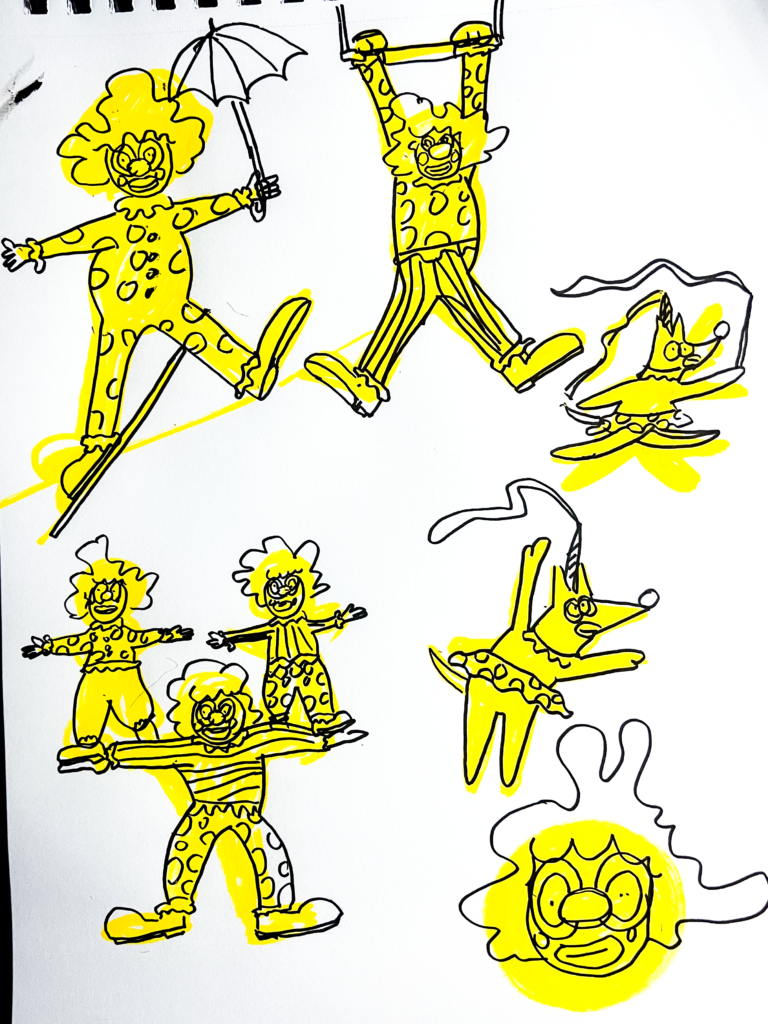 A photo of sketches of clowns in different poses before they are redrawn in a digital format.