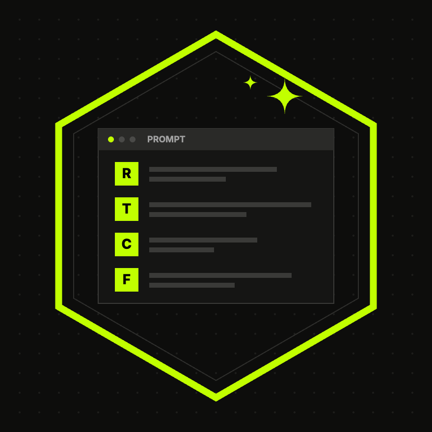 AI for Professional Practice: a prompt window showing Role, Task, Context and Format inside a lime hexagon badge