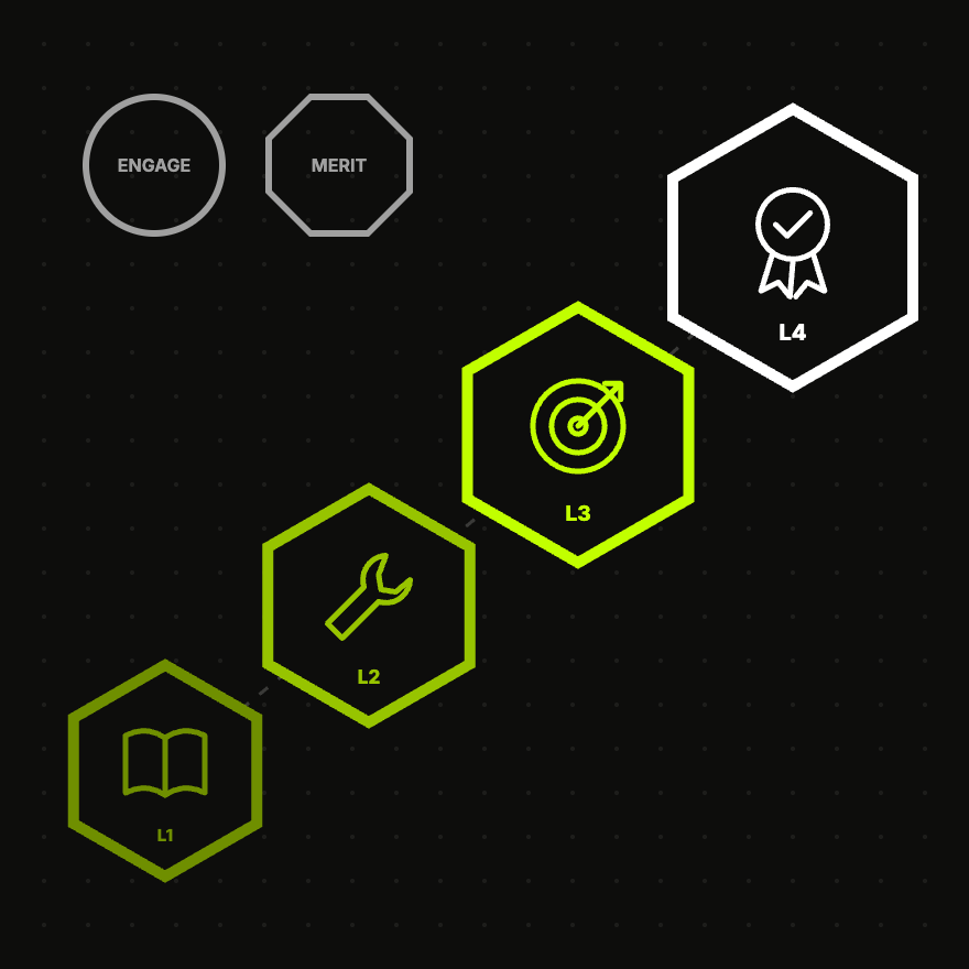 Microcredential Program: four hexagon badges rising from Level 1 to Level 4, with engagement and merit badges